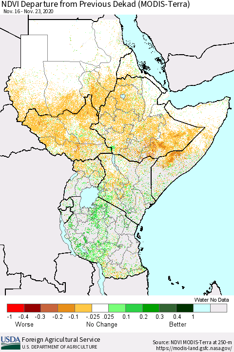 Eastern Africa NDVI Departure from Previous Dekad (Terra-MODIS) Thematic Map For 11/21/2020 - 11/30/2020