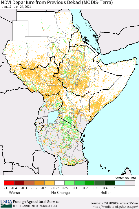 Eastern Africa NDVI Departure from Previous Dekad (MODIS-Terra) Thematic Map For 1/21/2021 - 1/31/2021