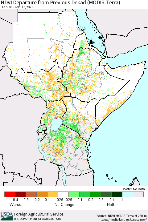 Eastern Africa NDVI Departure from Previous Dekad (Terra-MODIS) Thematic Map For 2/11/2021 - 2/20/2021