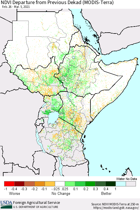 Eastern Africa NDVI Departure from Previous Dekad (Terra-MODIS) Thematic Map For 3/1/2021 - 3/10/2021