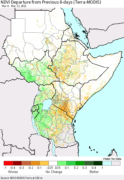 Eastern Africa NDVI Departure from Previous 8-days (Terra-MODIS) Thematic Map For 3/6/2021 - 3/13/2021