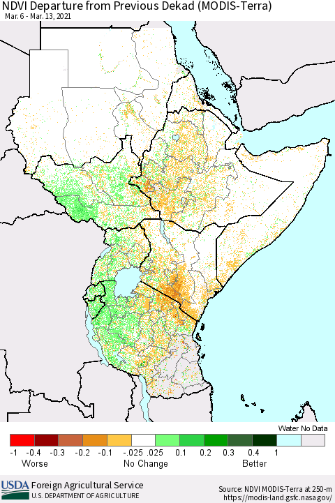 Eastern Africa NDVI Departure from Previous Dekad (MODIS-Terra) Thematic Map For 3/11/2021 - 3/20/2021