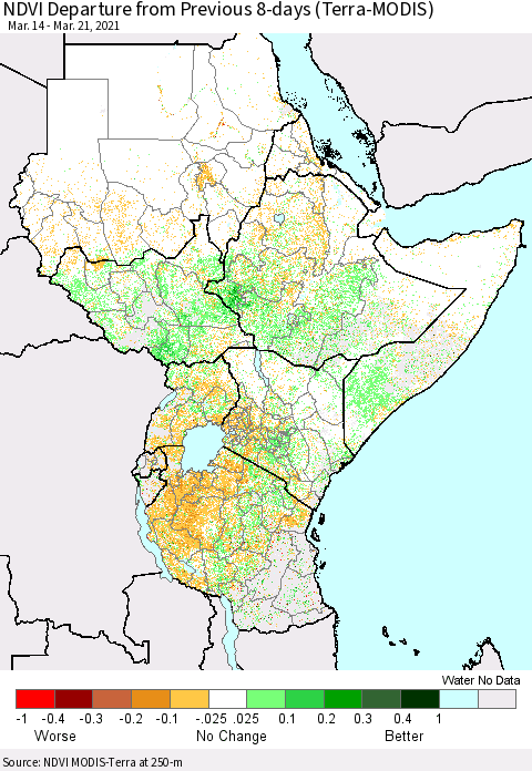 Eastern Africa NDVI Departure from Previous 8-days (Terra-MODIS) Thematic Map For 3/14/2021 - 3/21/2021