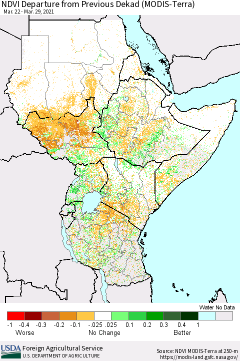 Eastern Africa NDVI Departure from Previous Dekad (MODIS-Terra) Thematic Map For 3/21/2021 - 3/31/2021