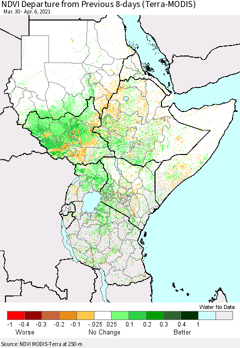 Eastern Africa NDVI Departure from Previous 8-days (Terra-MODIS) Thematic Map For 3/30/2021 - 4/6/2021