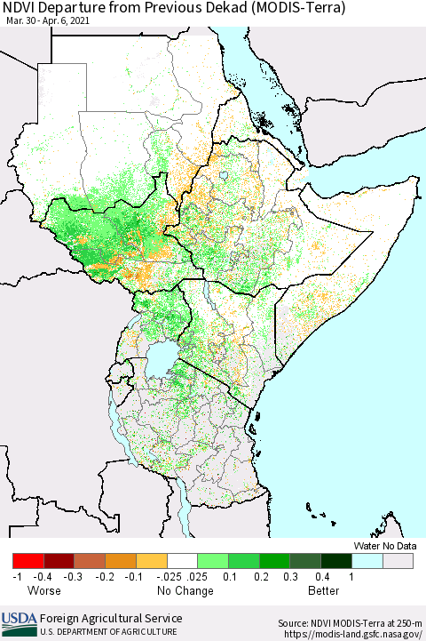 Eastern Africa NDVI Departure from Previous Dekad (Terra-MODIS) Thematic Map For 4/1/2021 - 4/10/2021