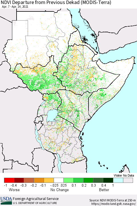 Eastern Africa NDVI Departure from Previous Dekad (Terra-MODIS) Thematic Map For 4/11/2021 - 4/20/2021