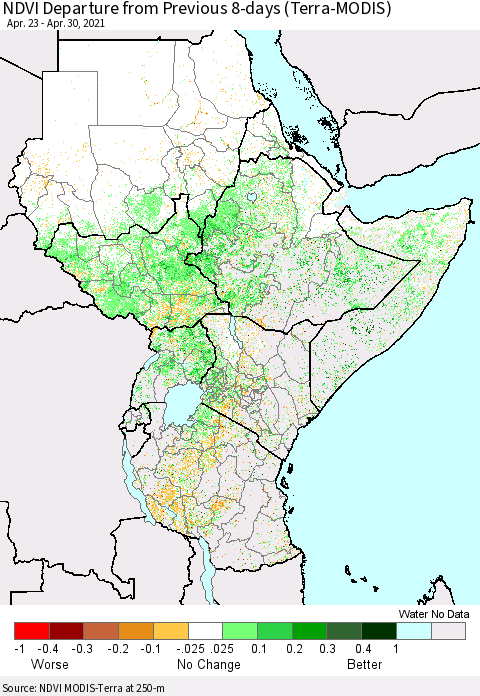 Eastern Africa NDVI Departure from Previous Dekad (Terra-MODIS) Thematic Map For 4/21/2021 - 4/30/2021