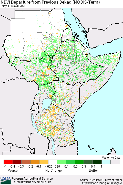 Eastern Africa NDVI Departure from Previous Dekad (Terra-MODIS) Thematic Map For 5/1/2021 - 5/10/2021