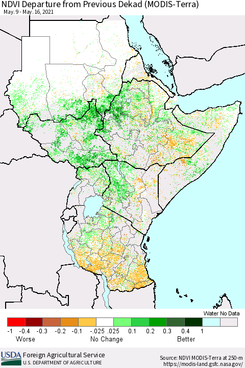 Eastern Africa NDVI Departure from Previous Dekad (Terra-MODIS) Thematic Map For 5/11/2021 - 5/20/2021