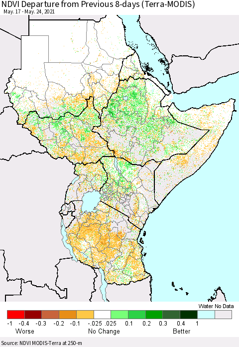Eastern Africa NDVI Departure from Previous 8-days (Terra-MODIS) Thematic Map For 5/17/2021 - 5/24/2021