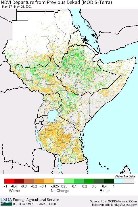 Eastern Africa NDVI Departure from Previous Dekad (Terra-MODIS) Thematic Map For 5/21/2021 - 5/31/2021