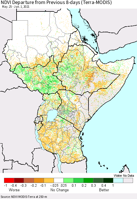 Eastern Africa NDVI Departure from Previous 8-days (Terra-MODIS) Thematic Map For 5/25/2021 - 6/1/2021