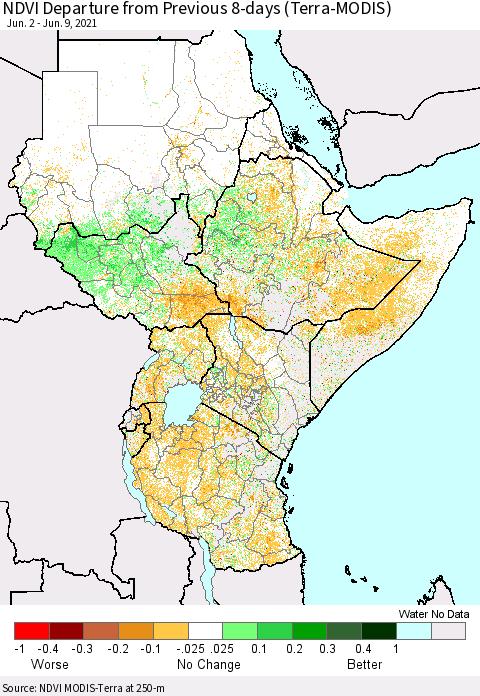 Eastern Africa NDVI Departure from Previous 8-days (Terra-MODIS) Thematic Map For 6/2/2021 - 6/9/2021