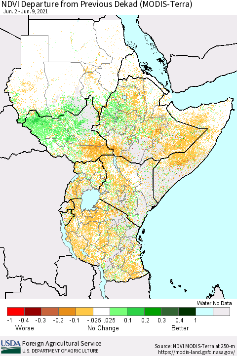 Eastern Africa NDVI Departure from Previous Dekad (Terra-MODIS) Thematic Map For 6/1/2021 - 6/10/2021