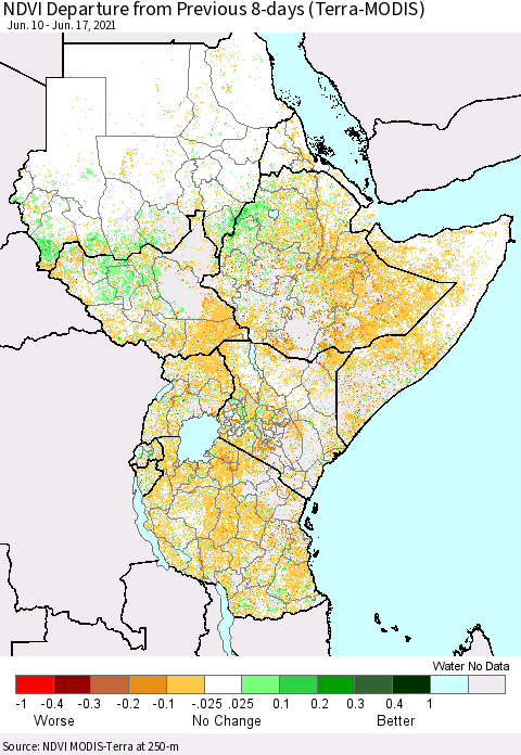 Eastern Africa NDVI Departure from Previous 8-days (Terra-MODIS) Thematic Map For 6/10/2021 - 6/17/2021