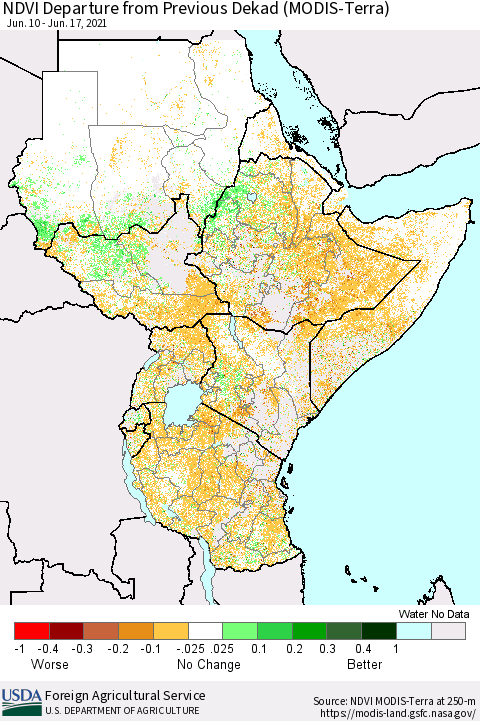 Eastern Africa NDVI Departure from Previous Dekad (Terra-MODIS) Thematic Map For 6/11/2021 - 6/20/2021