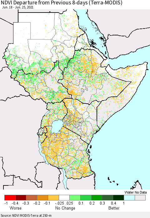Eastern Africa NDVI Departure from Previous 8-days (Terra-MODIS) Thematic Map For 6/18/2021 - 6/25/2021
