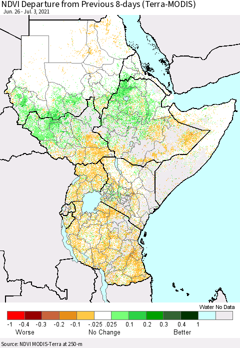 Eastern Africa NDVI Departure from Previous 8-days (Terra-MODIS) Thematic Map For 6/26/2021 - 7/3/2021