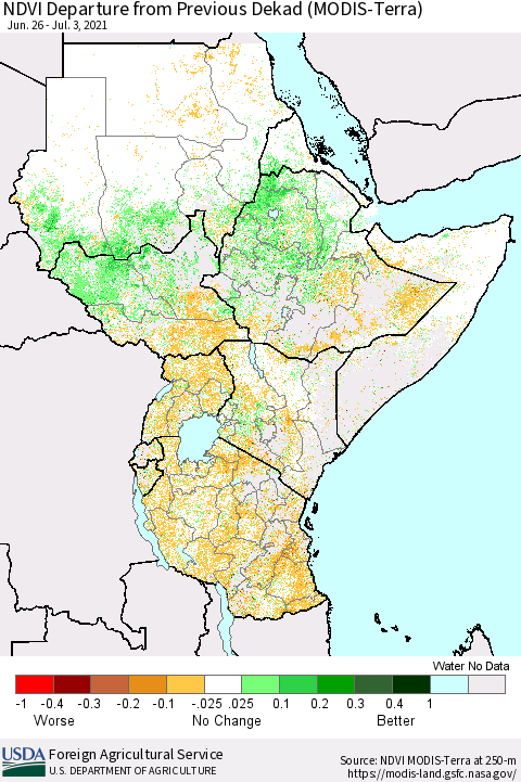 Eastern Africa NDVI Departure from Previous Dekad (Terra-MODIS) Thematic Map For 7/1/2021 - 7/10/2021