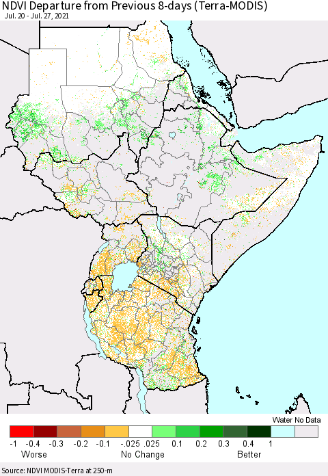 Eastern Africa NDVI Departure from Previous 8-days (Terra-MODIS) Thematic Map For 7/20/2021 - 7/27/2021