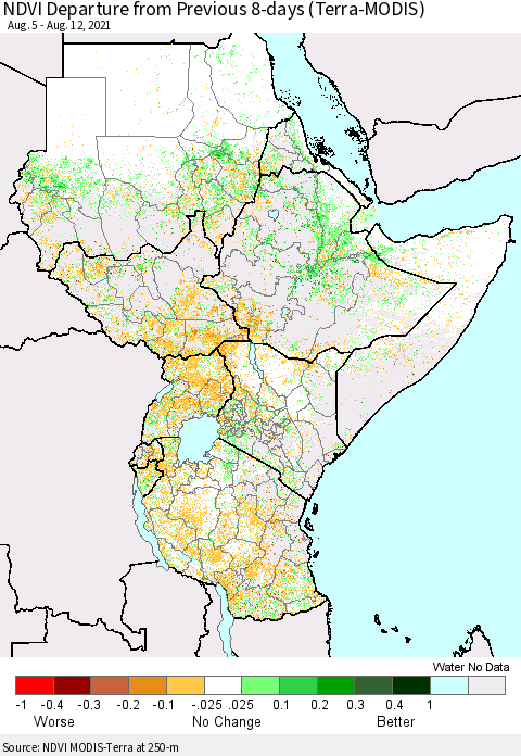 Eastern Africa NDVI Departure from Previous 8-days (Terra-MODIS) Thematic Map For 8/5/2021 - 8/12/2021