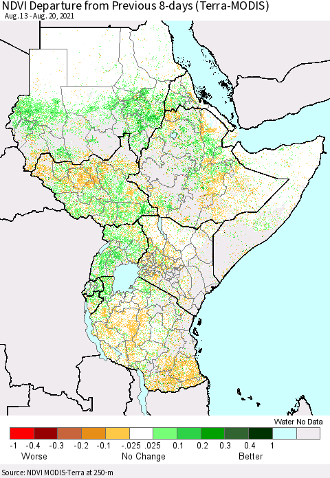 Eastern Africa NDVI Departure from Previous Dekad (Terra-MODIS) Thematic Map For 8/11/2021 - 8/20/2021