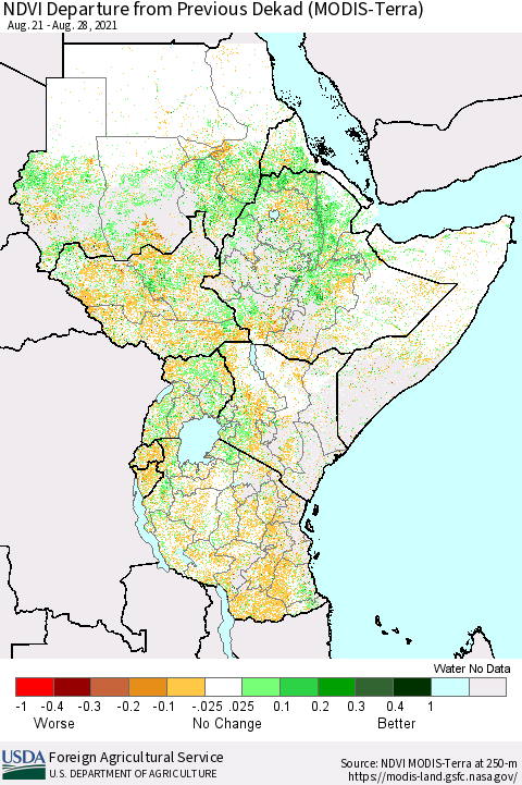 Eastern Africa NDVI Departure from Previous Dekad (Terra-MODIS) Thematic Map For 8/21/2021 - 8/31/2021