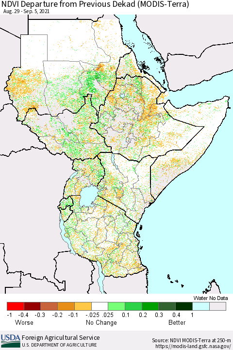 Eastern Africa NDVI Departure from Previous Dekad (Terra-MODIS) Thematic Map For 9/1/2021 - 9/10/2021