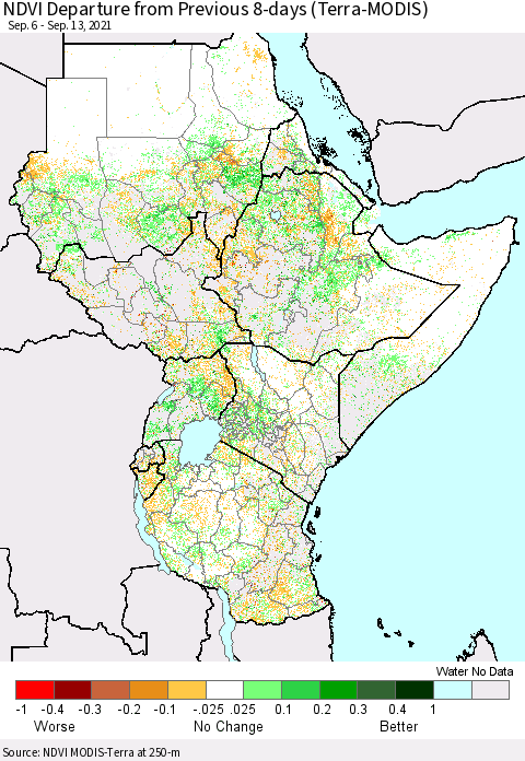 Eastern Africa NDVI Departure from Previous 8-days (Terra-MODIS) Thematic Map For 9/6/2021 - 9/13/2021