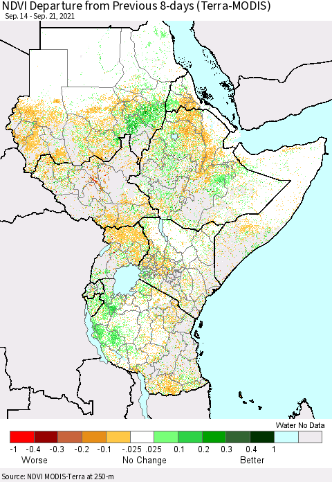Eastern Africa NDVI Departure from Previous 8-days (Terra-MODIS) Thematic Map For 9/14/2021 - 9/21/2021