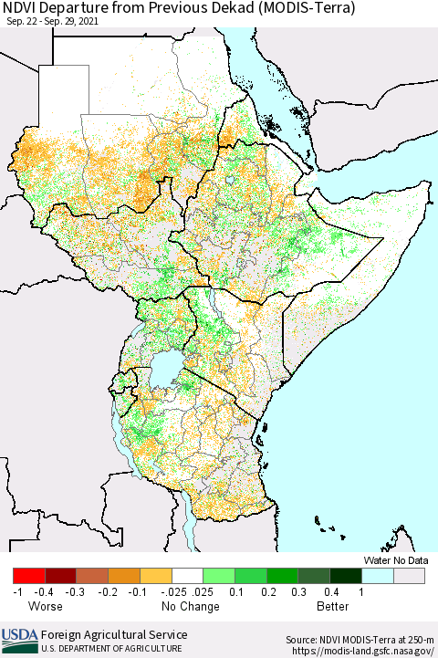 Eastern Africa NDVI Departure from Previous Dekad (Terra-MODIS) Thematic Map For 9/21/2021 - 9/30/2021