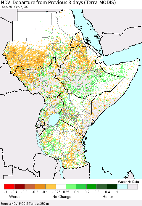 Eastern Africa NDVI Departure from Previous 8-days (Terra-MODIS) Thematic Map For 9/30/2021 - 10/7/2021