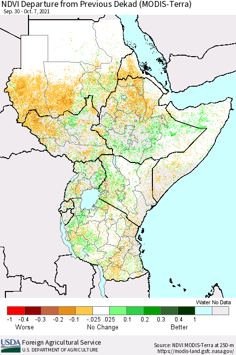 Eastern Africa NDVI Departure from Previous Dekad (Terra-MODIS) Thematic Map For 10/1/2021 - 10/10/2021