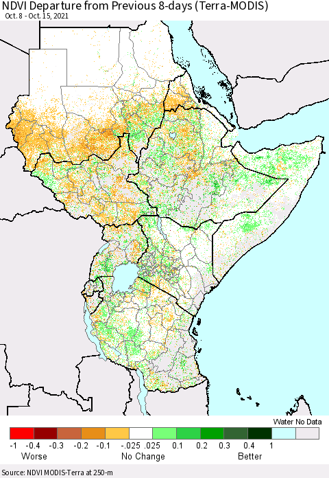 Eastern Africa NDVI Departure from Previous 8-days (Terra-MODIS) Thematic Map For 10/8/2021 - 10/15/2021