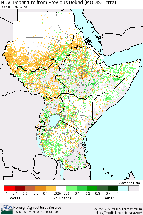 Eastern Africa NDVI Departure from Previous Dekad (Terra-MODIS) Thematic Map For 10/11/2021 - 10/20/2021