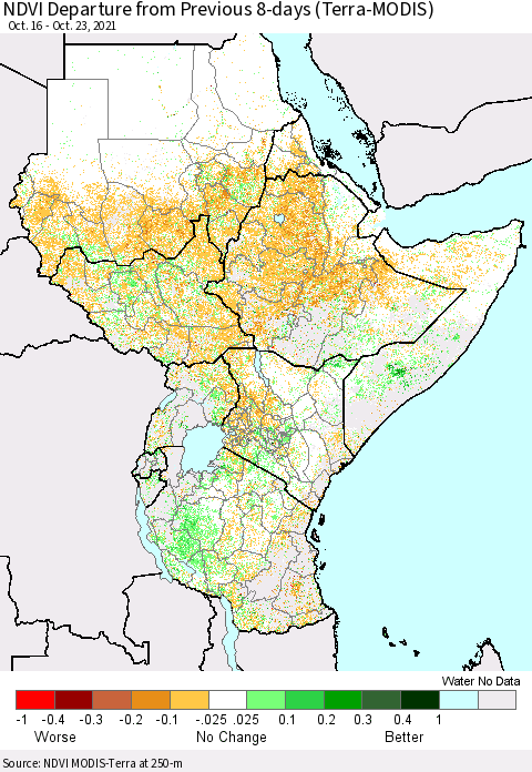 Eastern Africa NDVI Departure from Previous 8-days (Terra-MODIS) Thematic Map For 10/16/2021 - 10/23/2021