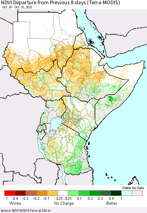 Eastern Africa NDVI Departure from Previous Dekad (Terra-MODIS) Thematic Map For 10/21/2021 - 10/31/2021