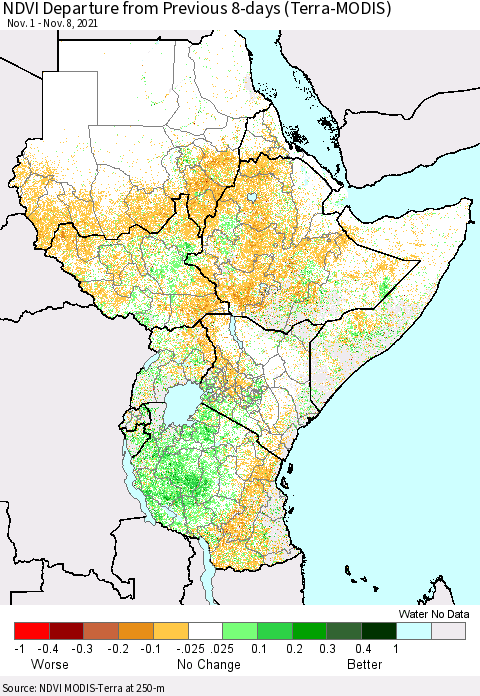 Eastern Africa NDVI Departure from Previous 8-days (Terra-MODIS) Thematic Map For 11/1/2021 - 11/8/2021