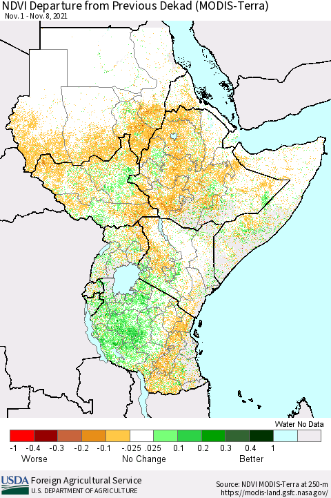 Eastern Africa NDVI Departure from Previous Dekad (Terra-MODIS) Thematic Map For 11/1/2021 - 11/10/2021