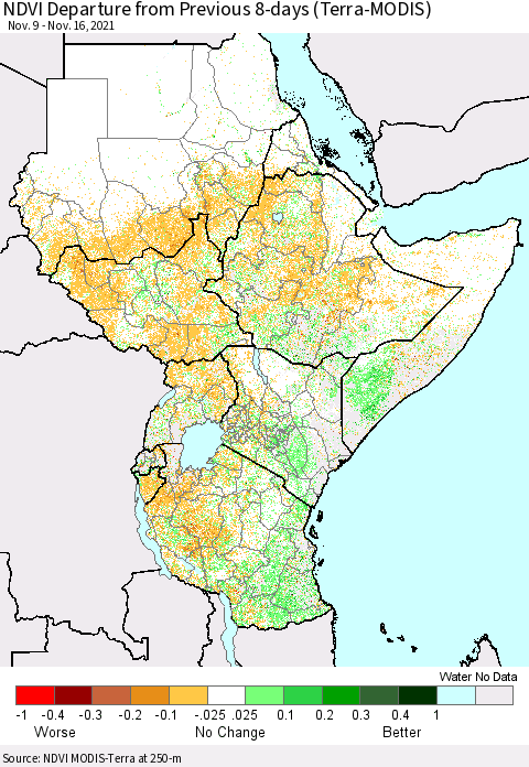 Eastern Africa NDVI Departure from Previous 8-days (Terra-MODIS) Thematic Map For 11/9/2021 - 11/16/2021