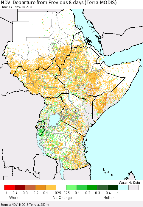 Eastern Africa NDVI Departure from Previous 8-days (Terra-MODIS) Thematic Map For 11/17/2021 - 11/24/2021