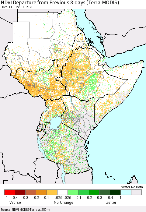 Eastern Africa NDVI Departure from Previous 8-days (Terra-MODIS) Thematic Map For 12/11/2021 - 12/18/2021