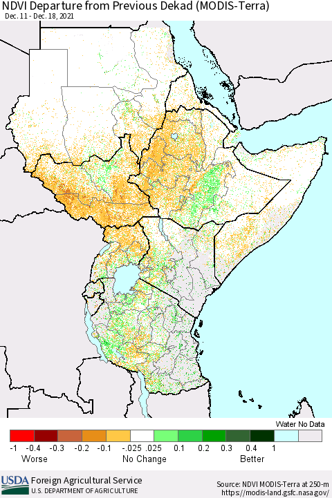 Eastern Africa NDVI Departure from Previous Dekad (Terra-MODIS) Thematic Map For 12/11/2021 - 12/20/2021