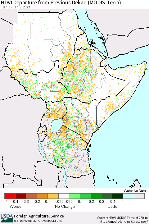 Eastern Africa NDVI Departure from Previous Dekad (MODIS-Terra) Thematic Map For 1/1/2022 - 1/10/2022