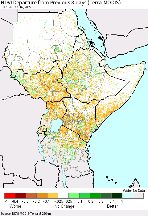 Eastern Africa NDVI Departure from Previous 8-days (Terra-MODIS) Thematic Map For 1/9/2022 - 1/16/2022