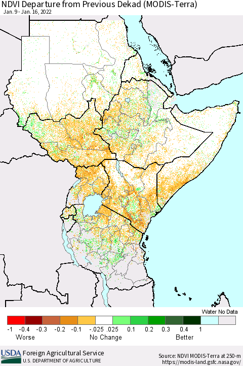 Eastern Africa NDVI Departure from Previous Dekad (MODIS-Terra) Thematic Map For 1/11/2022 - 1/20/2022