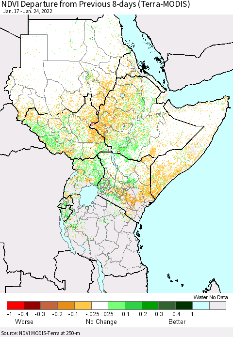 Eastern Africa NDVI Departure from Previous 8-days (Terra-MODIS) Thematic Map For 1/17/2022 - 1/24/2022