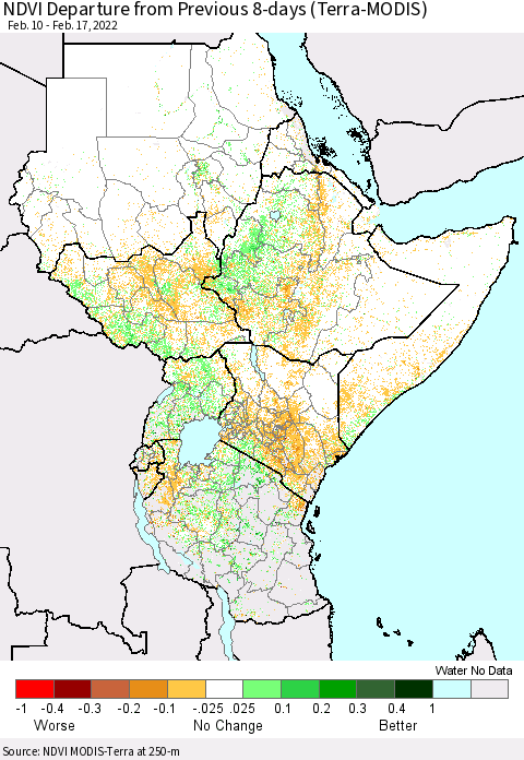 Eastern Africa NDVI Departure from Previous 8-days (Terra-MODIS) Thematic Map For 2/10/2022 - 2/17/2022