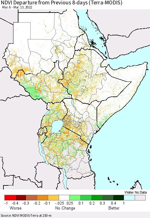 Eastern Africa NDVI Departure from Previous 8-days (Terra-MODIS) Thematic Map For 3/6/2022 - 3/13/2022
